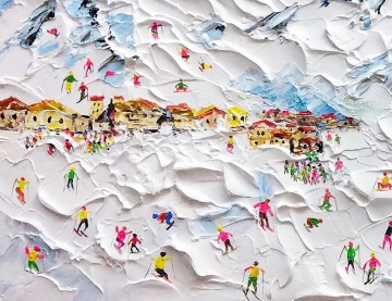 Skieur sur Montagne enneigée art mural Sport Noir Décor de salle de ski de neige par Couteau 17 detail Peinture à l'huile